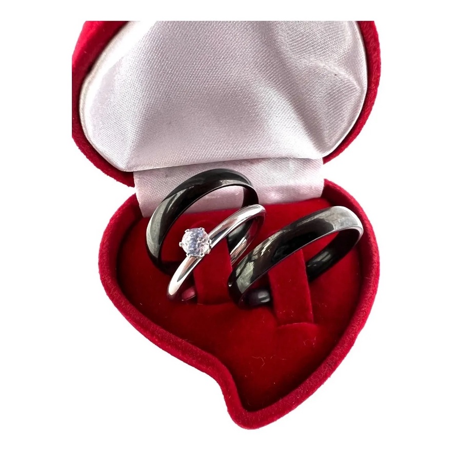 Par de Aliança Preta polida  de namoro\compromisso\noivado + Solitário com Pedra Zircônia - Fashion Accessories