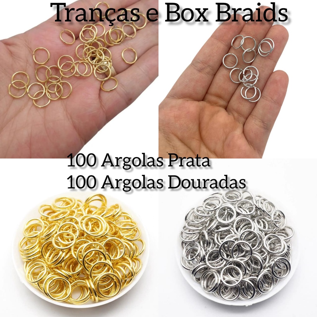 200 Argolinhas Para Tranças Box Braids Argola de Alumínio Prataeada e Dourada