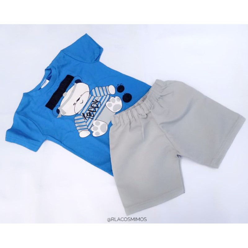 Conjunto infantil menino verão blusa azul estampa urso e short Tactel cinza tamanho G