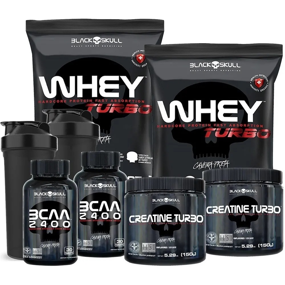 Kit Combo Suplementos 2x Whey Turbo 900g + 2x Creatina Turbo 150g + 2x BCAA 30 Tabs + 2x Coqueteleiras - Black Skull