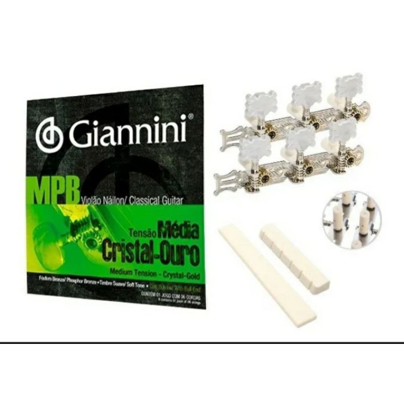 Tarraxa Violão Nylon + Jogo Cordas Nylon Giannini MPB + Kit Rastilho Pestana e Sela Ponte