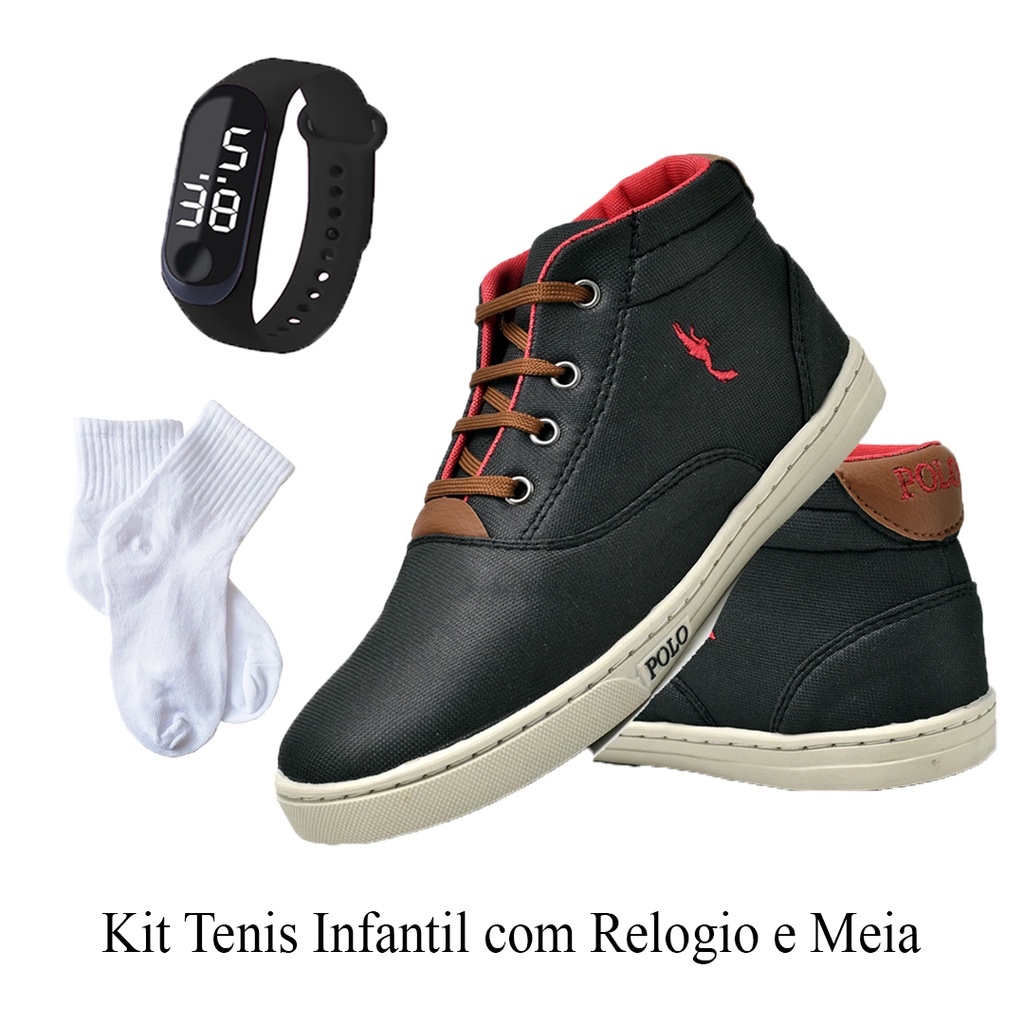 Tênis Masculino Infantil Juvenil Menino Polo Blu com Relógio Digital e Meia do 27 ao 36
