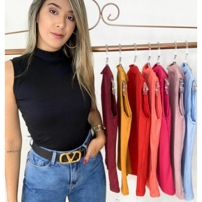 Blusa feminina   gola alta sem manga  malha canelada com elastano moda feminina linda