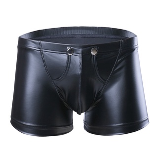 Sexy Homens Boxer Shorts De Couro Falso Botão De Imprensa Com Bulge Bolsa Homens Lingerie Roupa Interior Magro Corte Cuecas