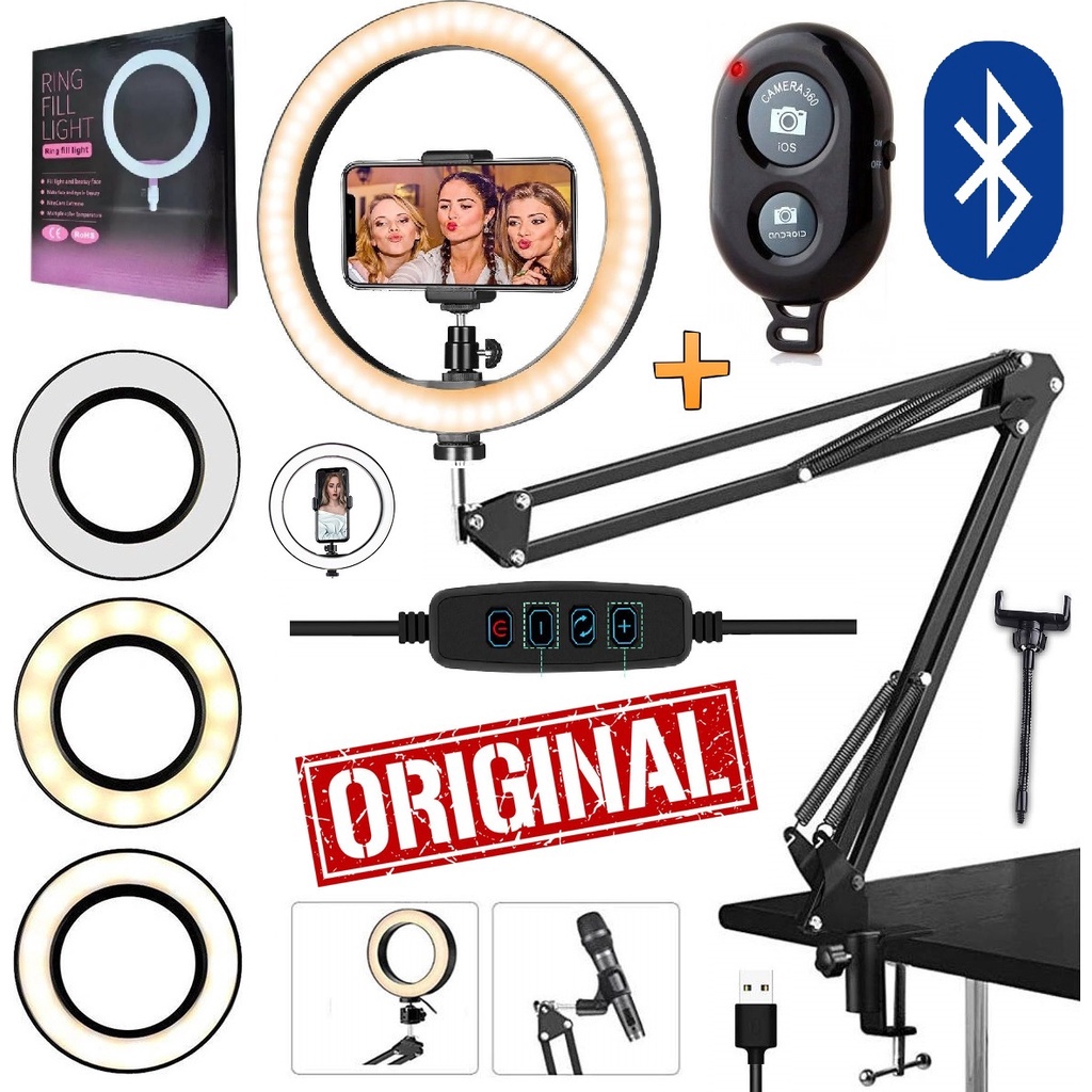 Ring Light Iluminador Profissional Luz Led Suporte Mesa Braço Articulado Garra Makeup Celular Gravação Vídeo Blogueiro A