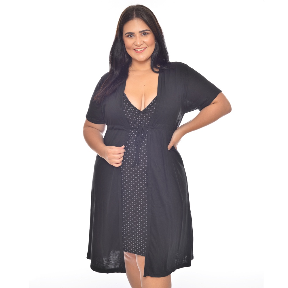 Camisola Gestante com Robe Pós Parto Amamentação  - Preta