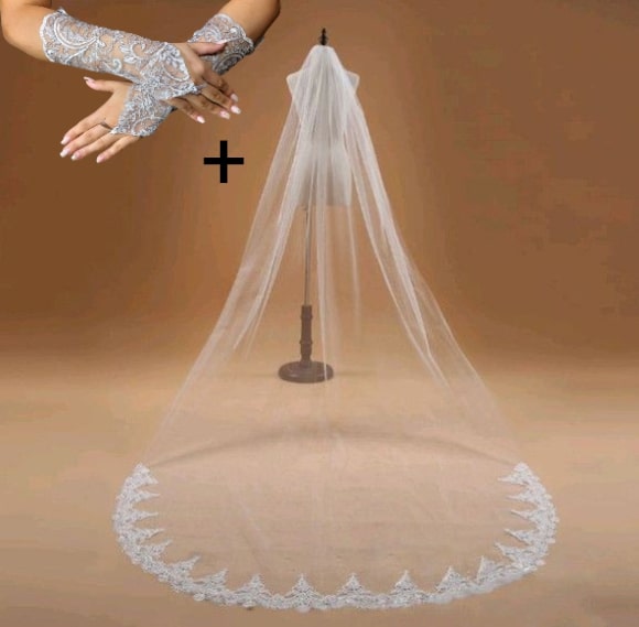 Veu de Noiva Com Renda Modelo Delux + Lindas Luvas de Renda