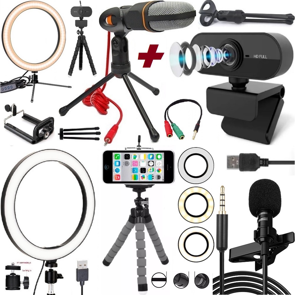 Kit Webcam Luz Iluminador Ring Light LED Microfone Profissional Gravação Vídeo Aula Online Reunião Celular Pc Computador