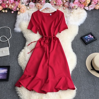 Vestido Feminino De Manga Curta Com Gola Redonda