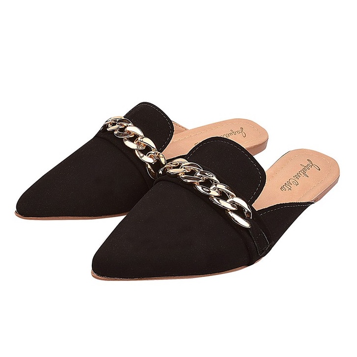 Mule Feminino Bico Fino Detalhe Dourado Corrente Moderno Promoção Jaqueline Costa