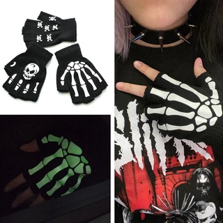 1 Par Unisex Adulto Halloween Esqueleto Crânio Luvas Metade Do Dedo Brilham No Escuro Luvas Sem Dedos Estiramento Malha Luvas De Inverno