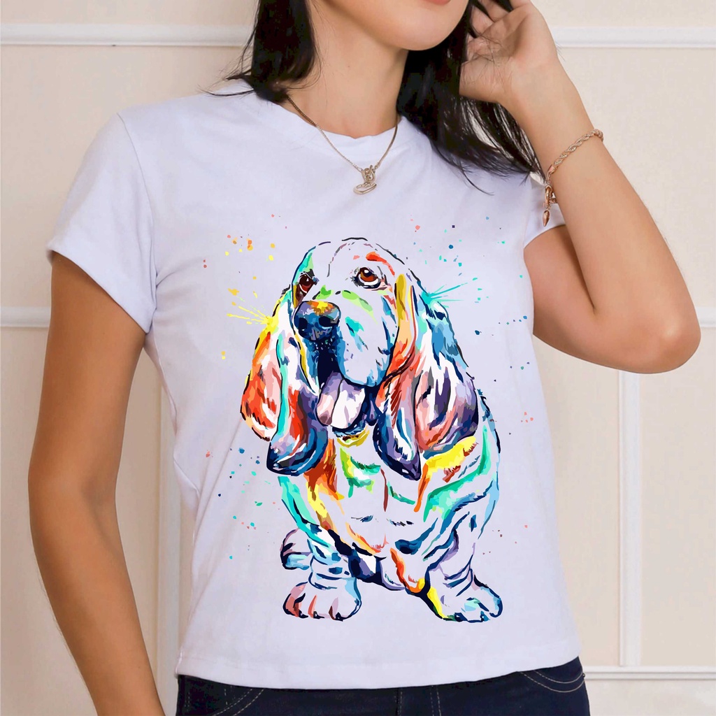 Camiseta tshirt branca estampada personalizada Estampa cachorro basset hound aquarela
