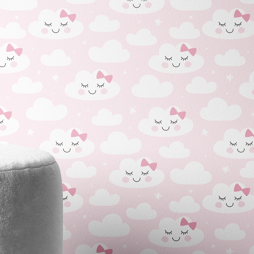 Papel Parede Quarto Menina Bebê Nuvem Rosa Laço Fofo 3m - Home & Living