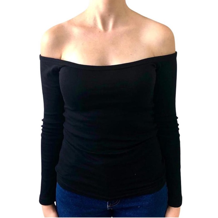 Blusa ombro a ombro manga longa PRETA 96% algodão 4% elastano. em Oferta na Shopee