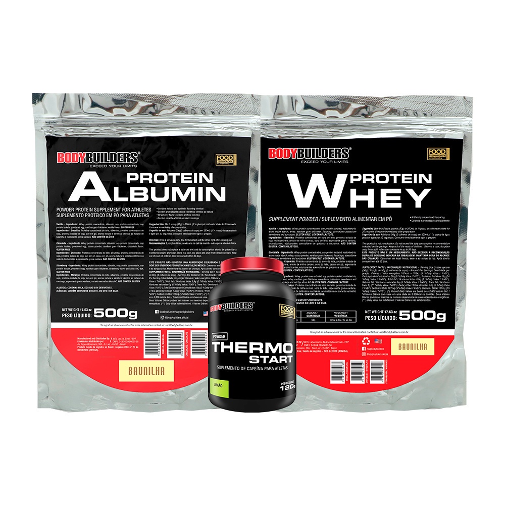 KIT Albumina 500g, Whey Protein 500g, Thermo Start 120g Limão - Bodybuilders