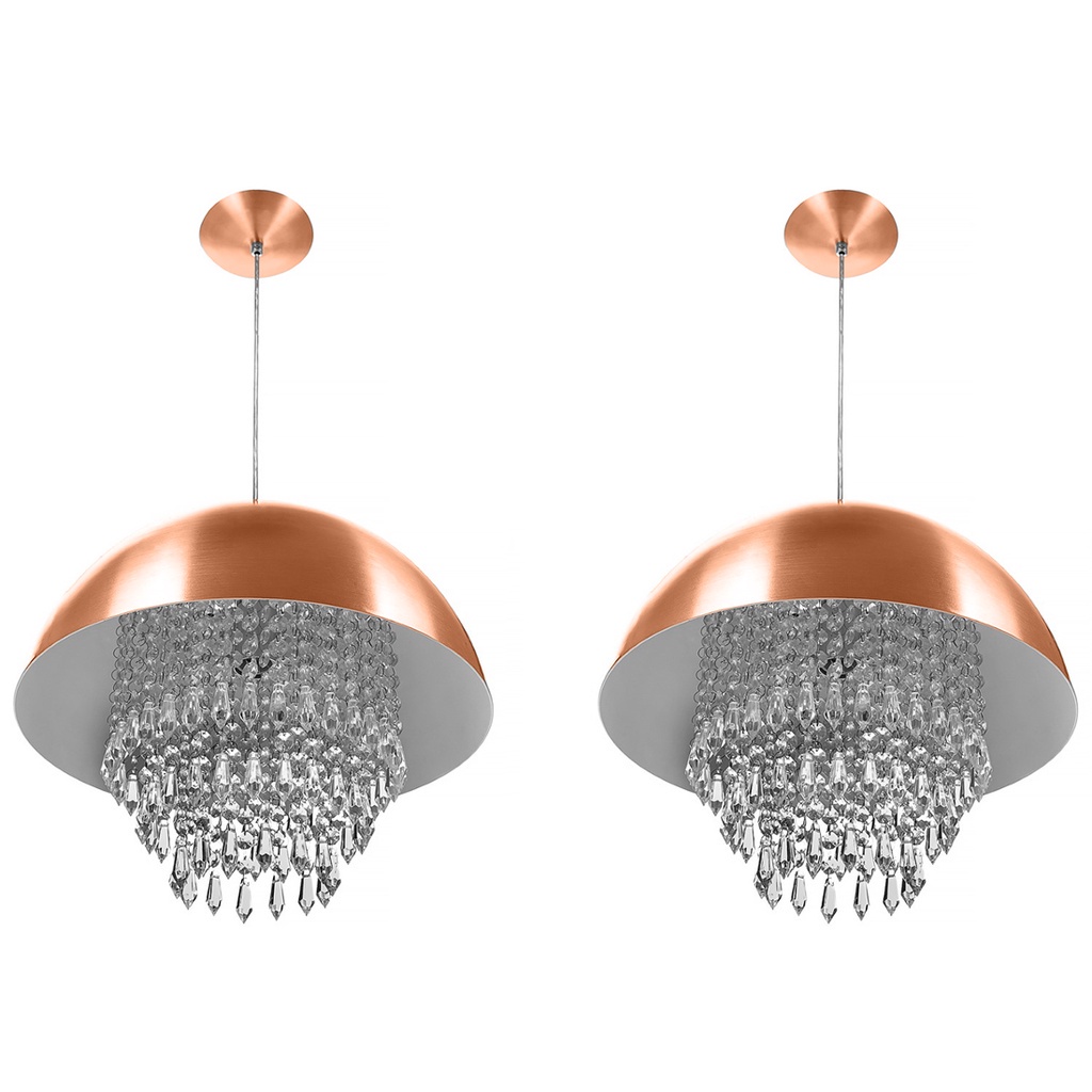 Kit 2 Lustre Pendente Meia Lua 40cm New Cobre Cristais Acr.