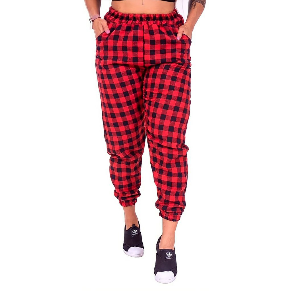 CALÇA JOGGER XADREZ VERMELHA C/ PRETO E BRANCA