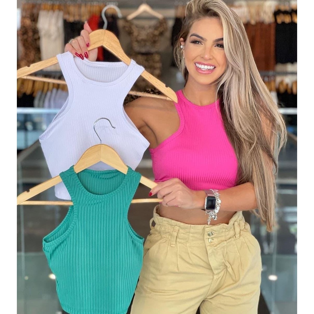 Cropped Feminino Malha Canelada Top Regata Elegante Estiloso Nadador