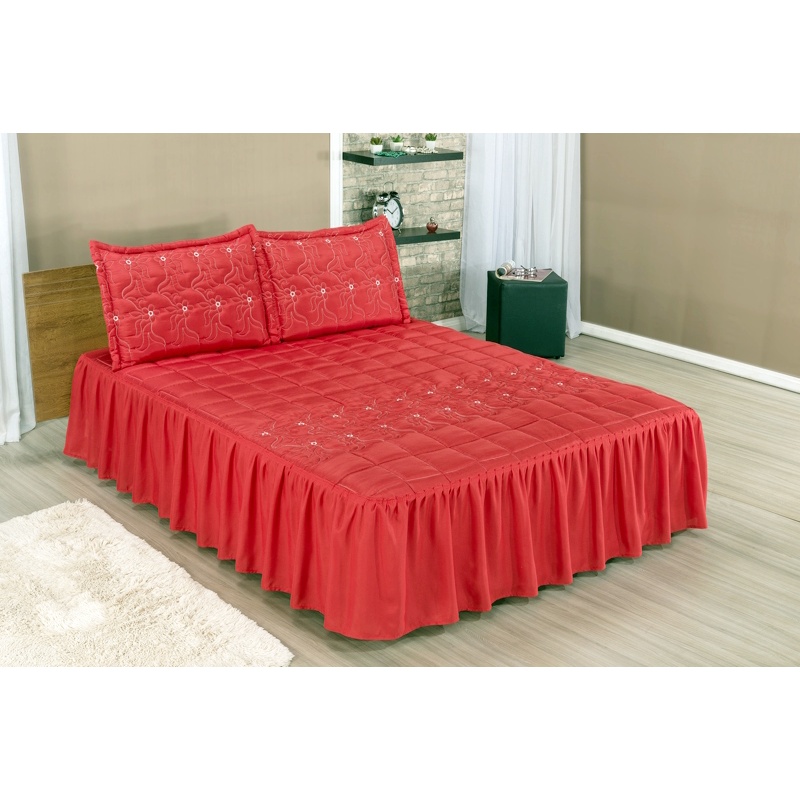 Colcha Casal Com Babado Cobre Leito Padrão Bordada MATELASSE 03 Peças- VÁRIAS CORES