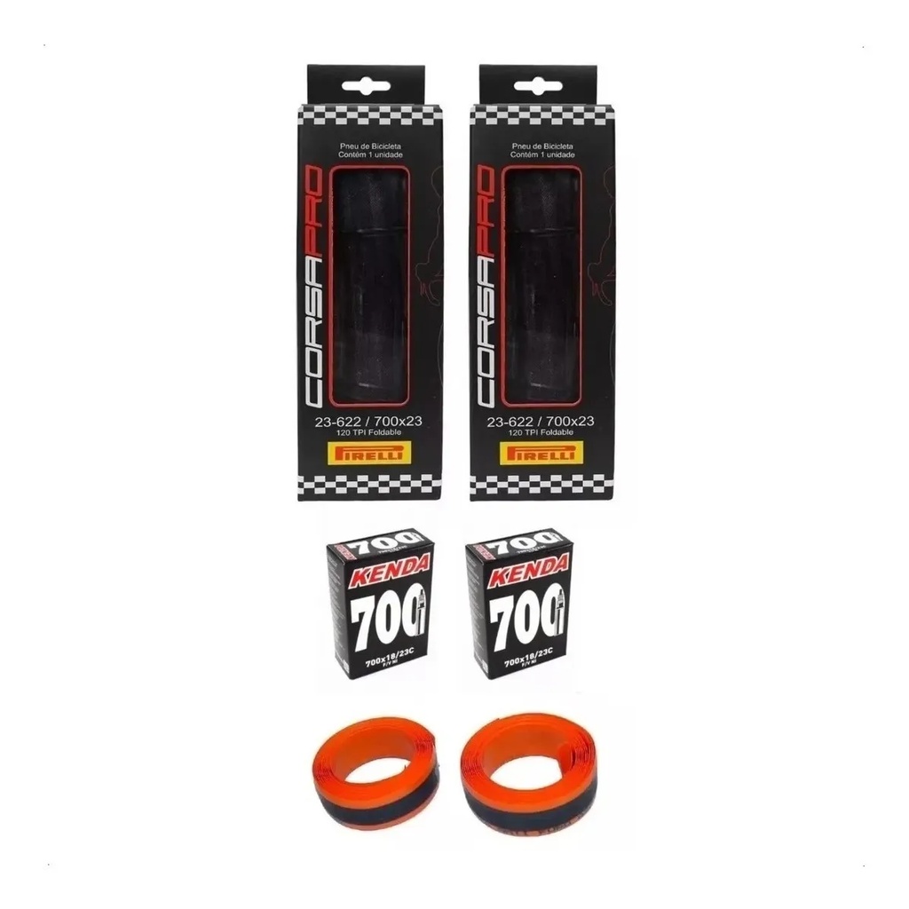 Par Pneu Bicicleta Speed Pirelli Corsa Pro Kevlar 700x23 + 2 Camaras + 2 Fitas Anti-furo