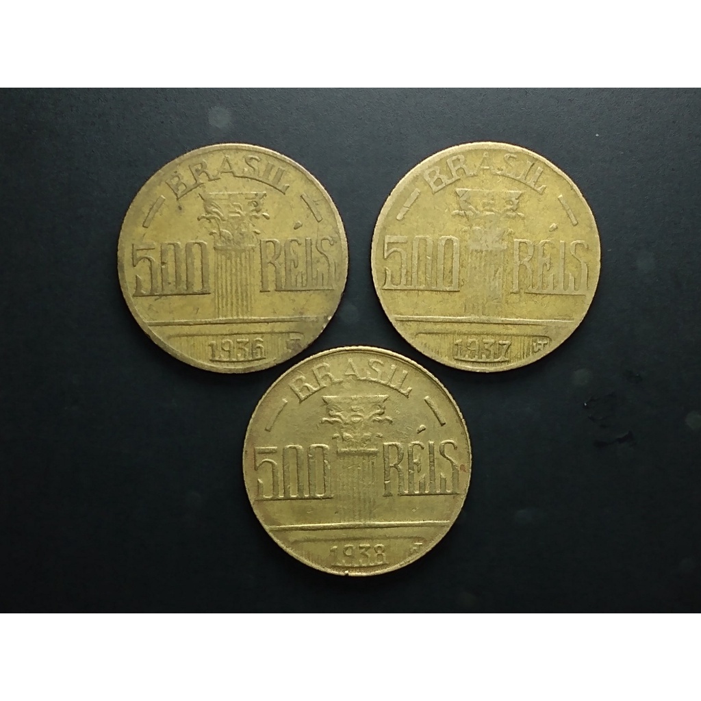 Moedas de 500 réis de 1936, 1937 e 1938, Diogo Feijó, MBC, circuladas mas em bom estado de conservação