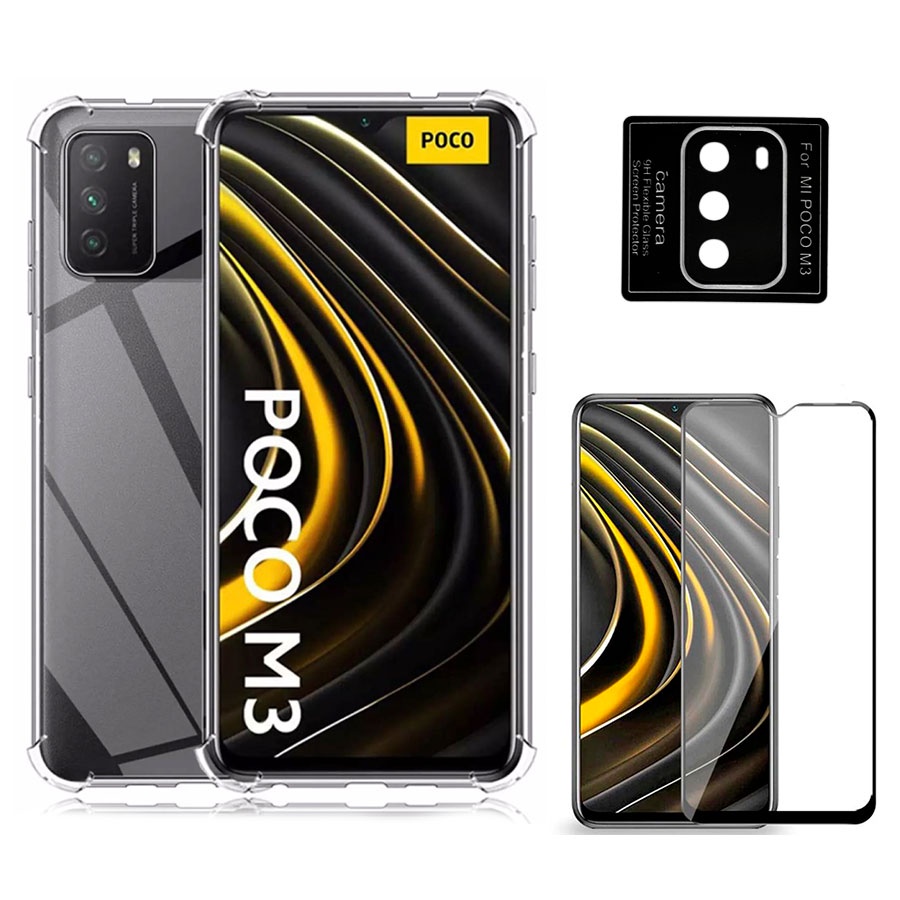 Kit 3x1 para Poco M3 - Capa Anti Queda + Película Frontal 3D Vidro + Película Câmera