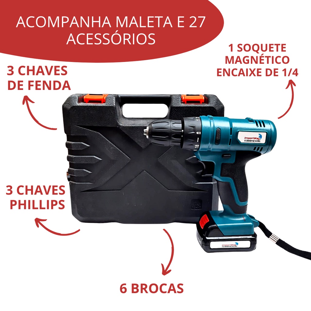 Furadeira Parafusadeira 3/8" A bateria 12V com 13 acessórios e maleta - IWFP012A - Importway (110V/220V) Duas Velocidades em Oferta na Shopee