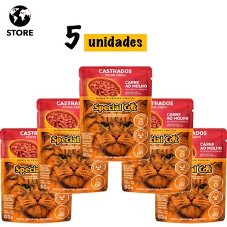 5 unidades Ração Úmida Special Cat Sachê Carne para Gatos Castrados 85g