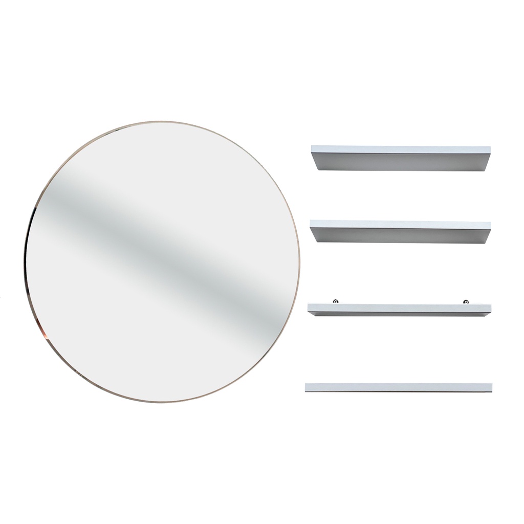 Kit Espelho 40cm Redondo + Prateleiras com suporte para Banheiro Sala Quarto