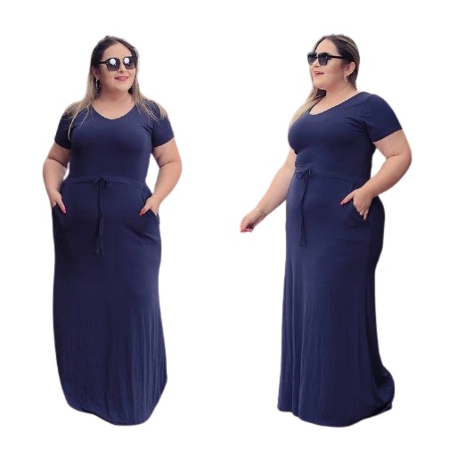 Vestido Longo Estampado Com Bolso Plus Size