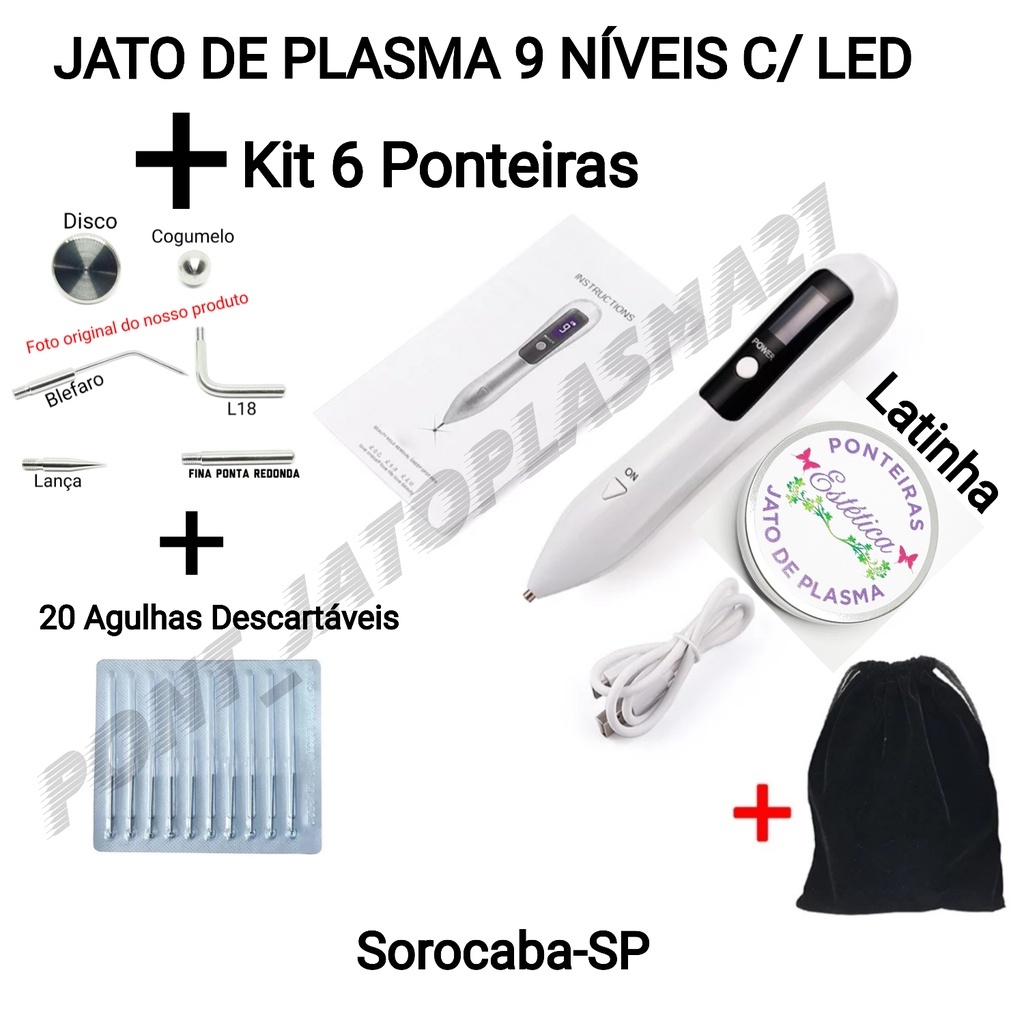Caneta despigmentadora jato de Plasma + Kit 6 Ponteiras + 20 agulhas