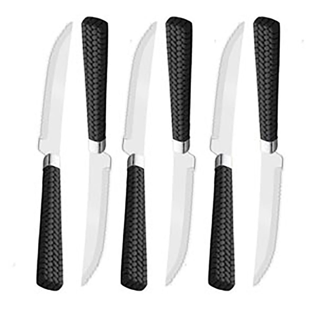 Conjunto com 6 facas p/churrasco de aço inox c/cabo de plástico Rattan preto 22cm