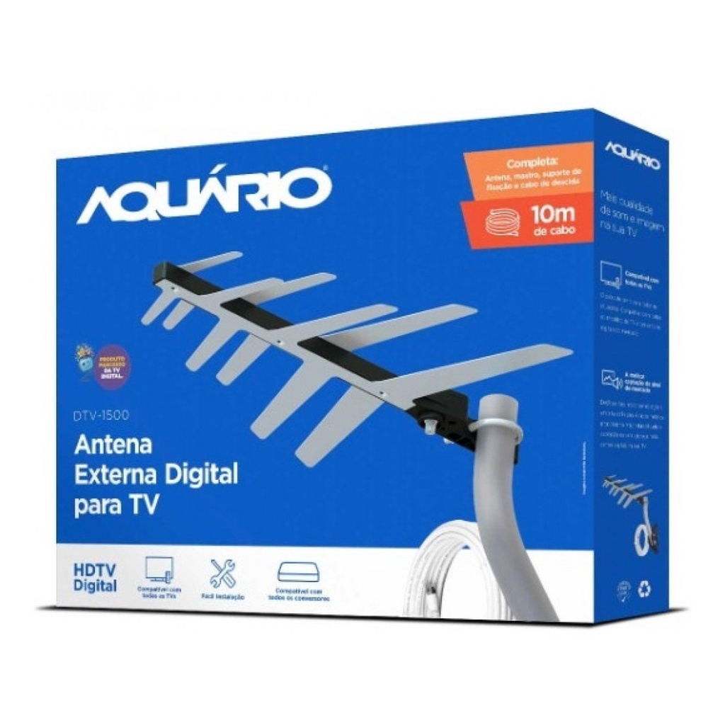 Antena de TV Digital Externa Aquario DTV-1500 com suporte e Cabo 10 Metros