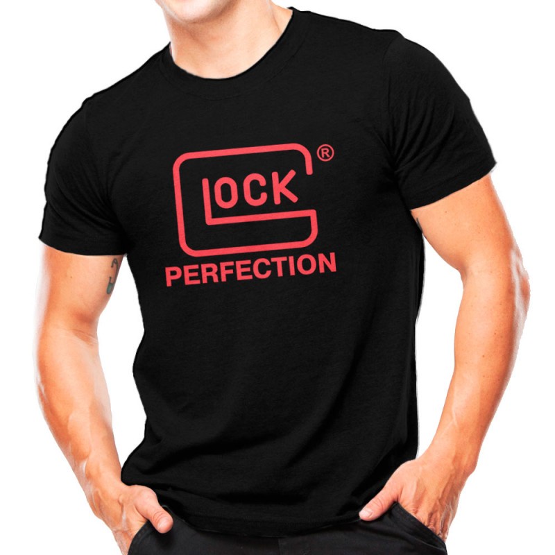 Camiseta Masculina Militar Estampada Glock Perfection Algodão Atack Preta e Vermelha
