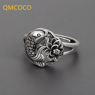 QMCOCO Lotus Anel De Peixe Feminino Estilo INS Vintage Ajustável Carpa Retro Prata Cor Aberto Para Mulheres Jóias Finas Presente