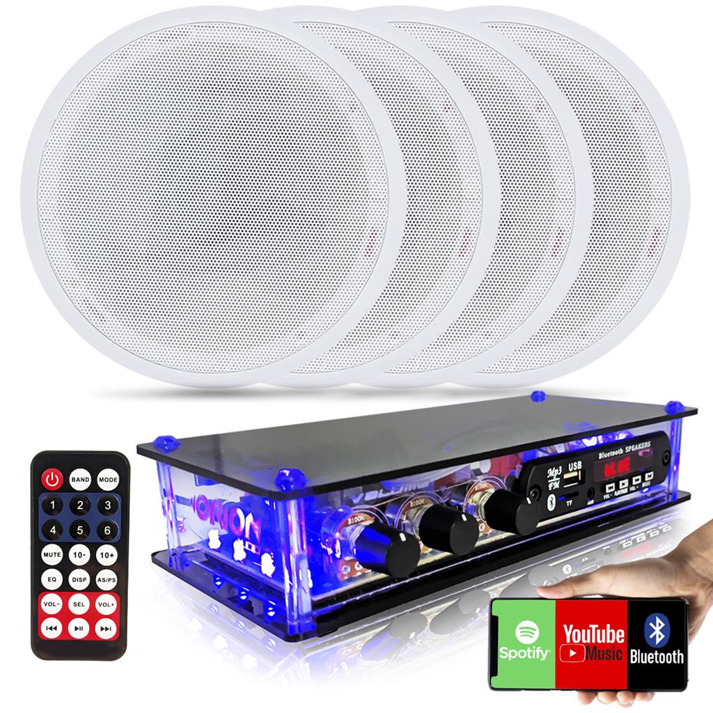 Kit Som Ambiente 4 Caixas de Som Arandelas de Embutir Gesso Pvc +  Amplificador Bluetooth Usb Aux 2 Canais - Audio