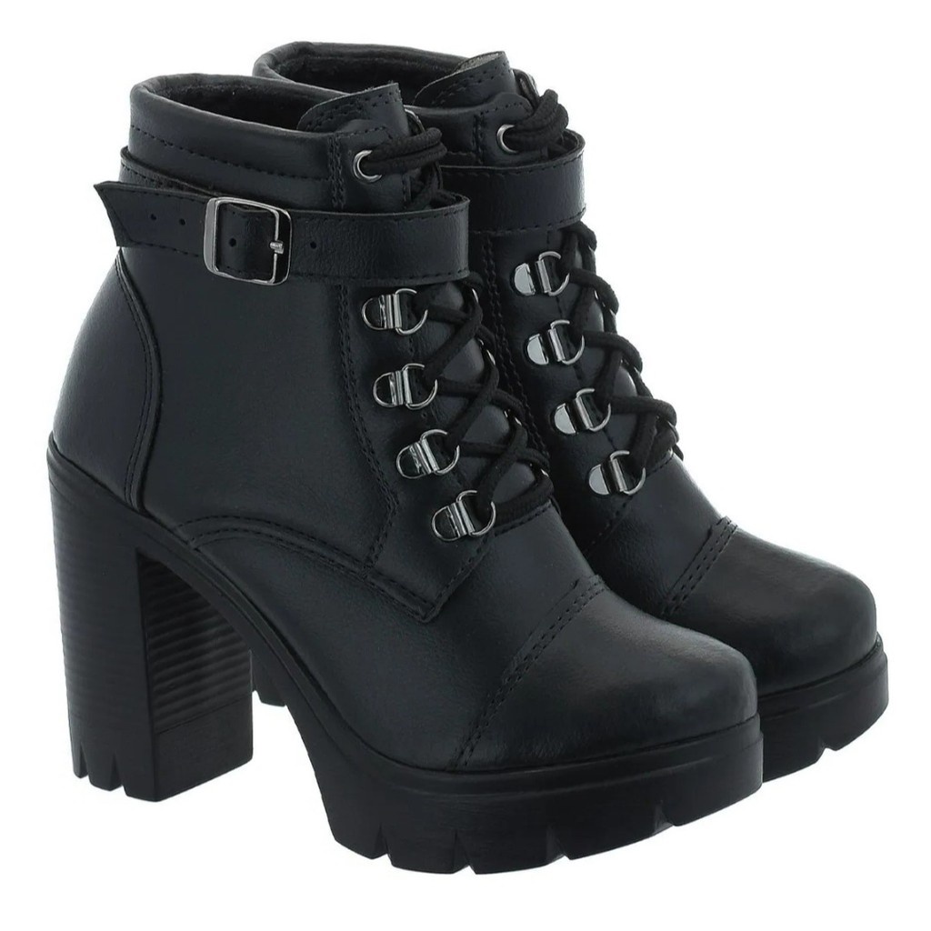 Coturno feminino salto grosso alto plataforma tratorado preto e branco com fivela metálica removível