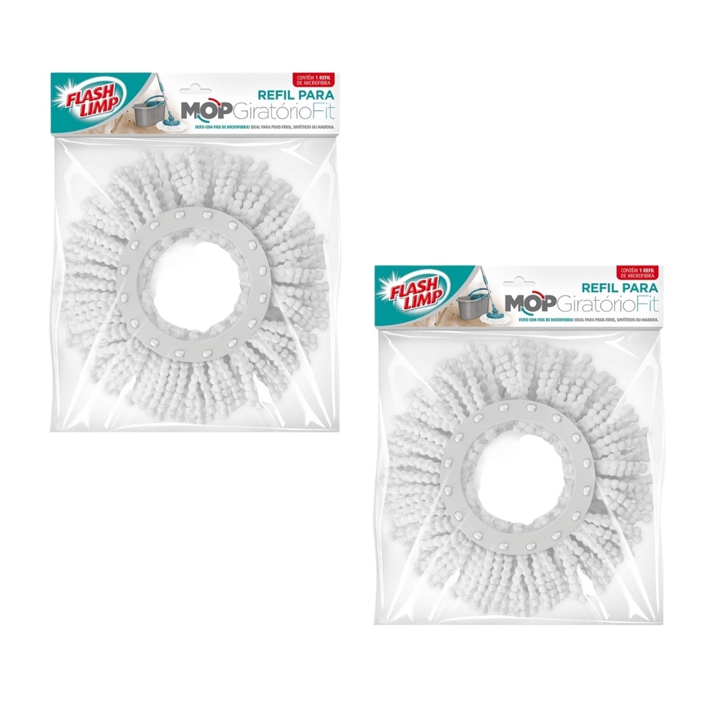 Kit 2 Refil Mop Fit 13,5cm Microfibra para Duas Aguas Fit Esfregão Giratório 360 RMOP5011 Flash Limp