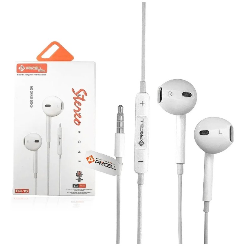 Fone De Ouvido com fio Pmcell Slim Fo 15 Estéreo Para celular Conector P2 cor branco