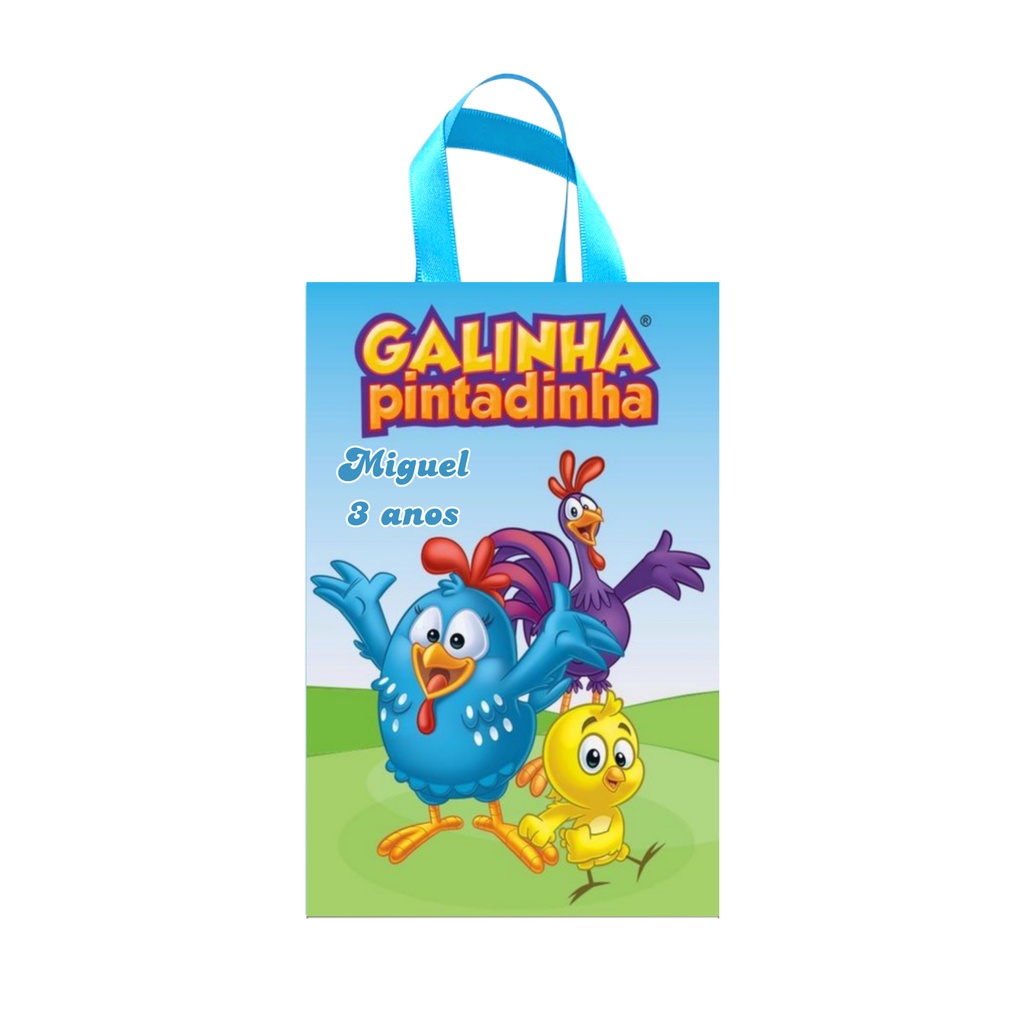 15 Sacolinhas Surpresa Personalizadas Tema Galinha Pintadinha Tamanho 16  x 4 x 10 Cm