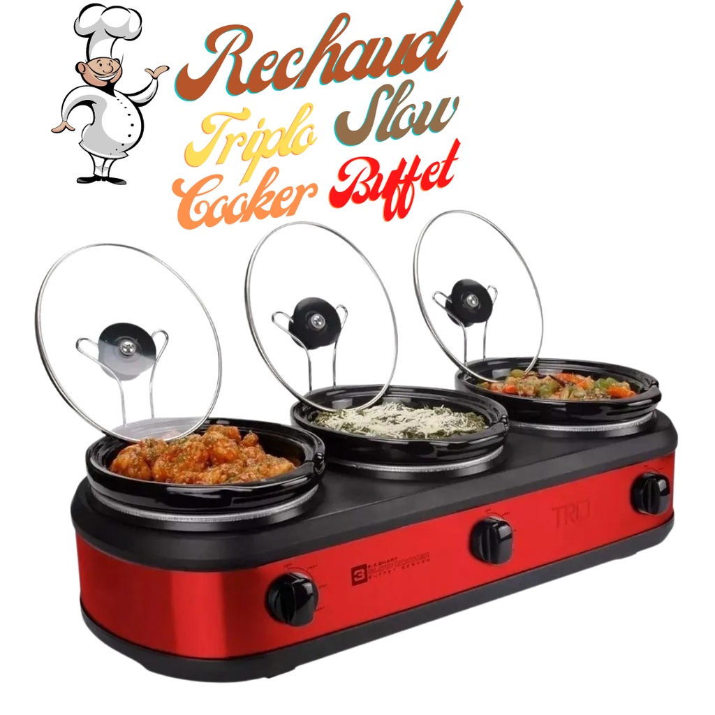 Panela elétrica Triplo Rechaud Buffet Slow Cooker 127V – 3 Panelas de Porcelana c/ 2.4 Litros cada.