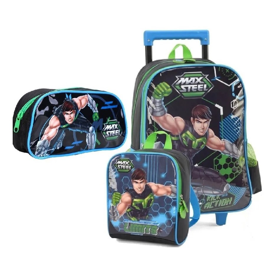 Kit Mochila Escolar Infantil Max Steel Rodinha Grande Luxcel
