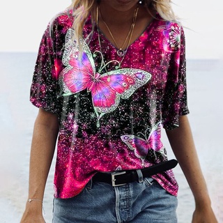 Camiseta Feminina Plus Size P-5XL Harajuku 3D Estampa Borboleta Verão Com Decote Em V Solto Pulôver Feminino Tops