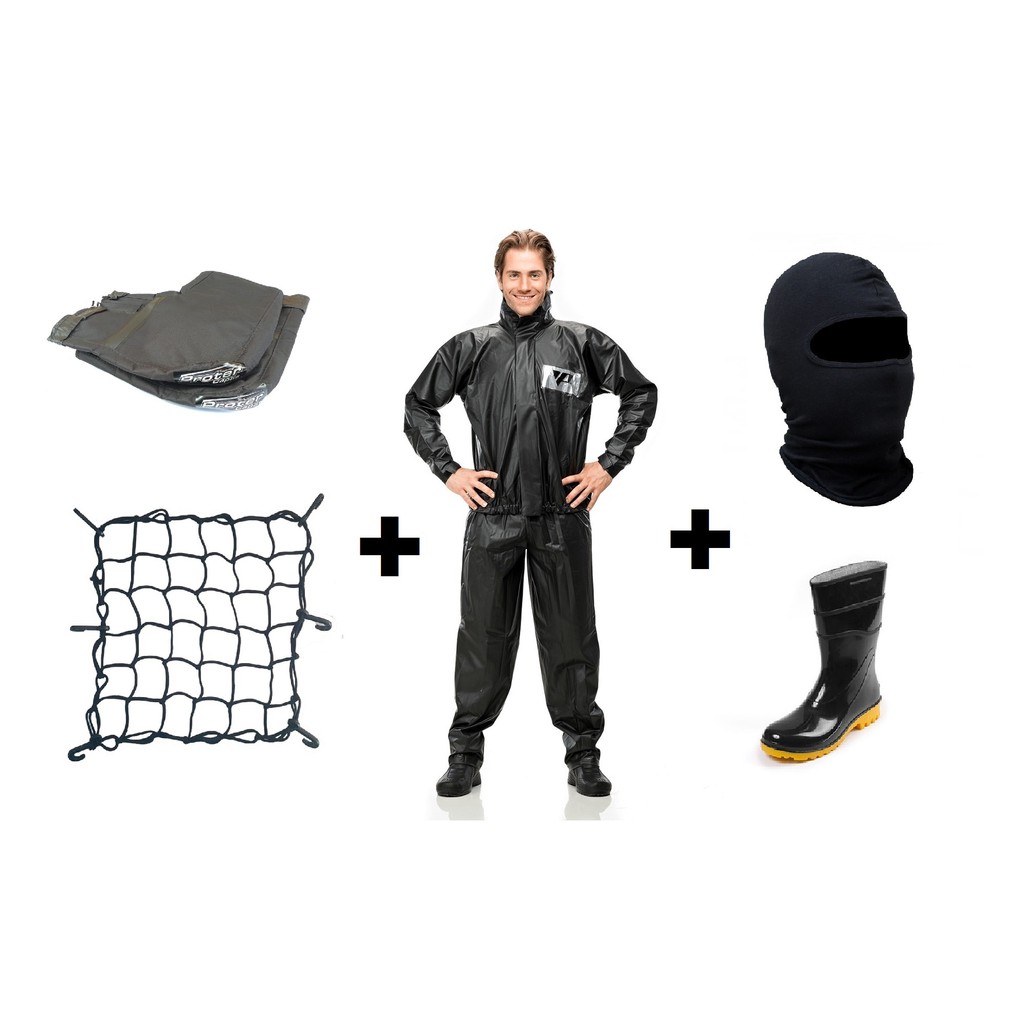 Conjunto Capa De Chuva Jaqueta +Calça Em Pvc+Bota Em Borracha+Touca Ninja Balaclava+Luva de Guidão+Rede Elastica Motoboy