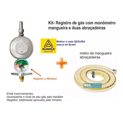 Registro Válvula Fogão Bujão Manômetro Medidor Mais Mangueira