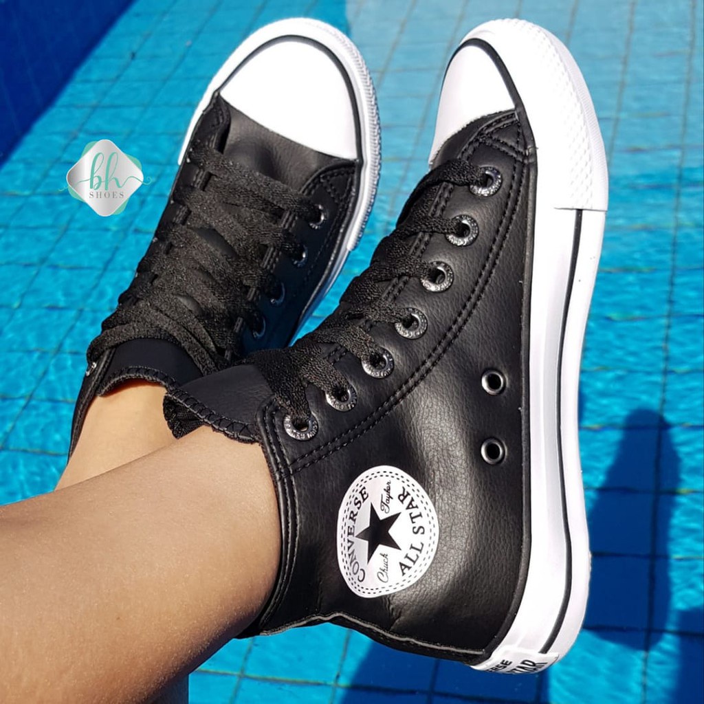 Botinha star preto branco couro tenis de cano alto