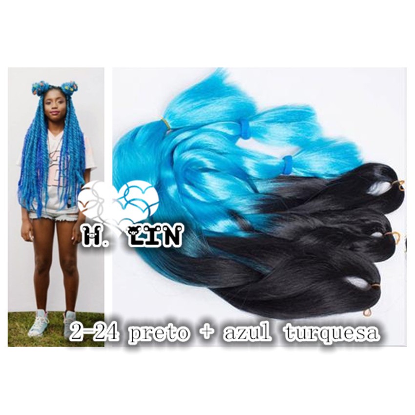 Kanekalon Jumbo Tranças Box Braid Twist Cor 2-24 preto com ombre hair azul turquesa 165gramas 208cm