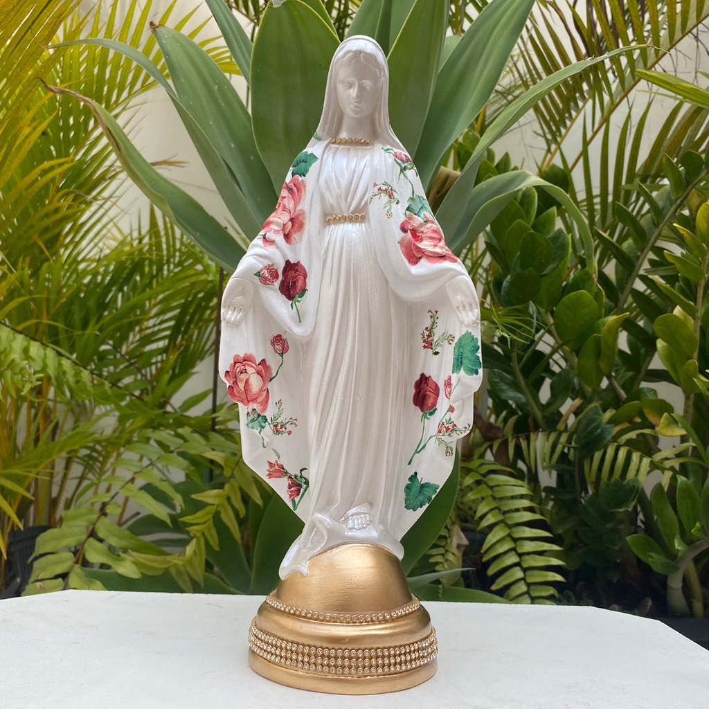 Nossa Senhora Das Graças Decorada 34cm Decoupage Flores Vermelhas Linda Peça Delicada