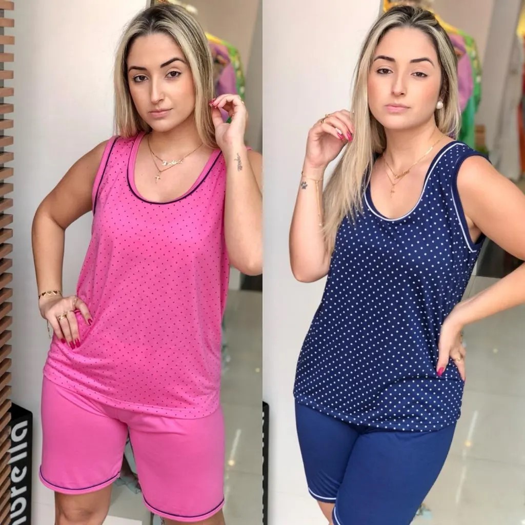 Pijama Regata Blusa De Poa Com Bordado Short Liso Barbie em Oferta na Shopee
