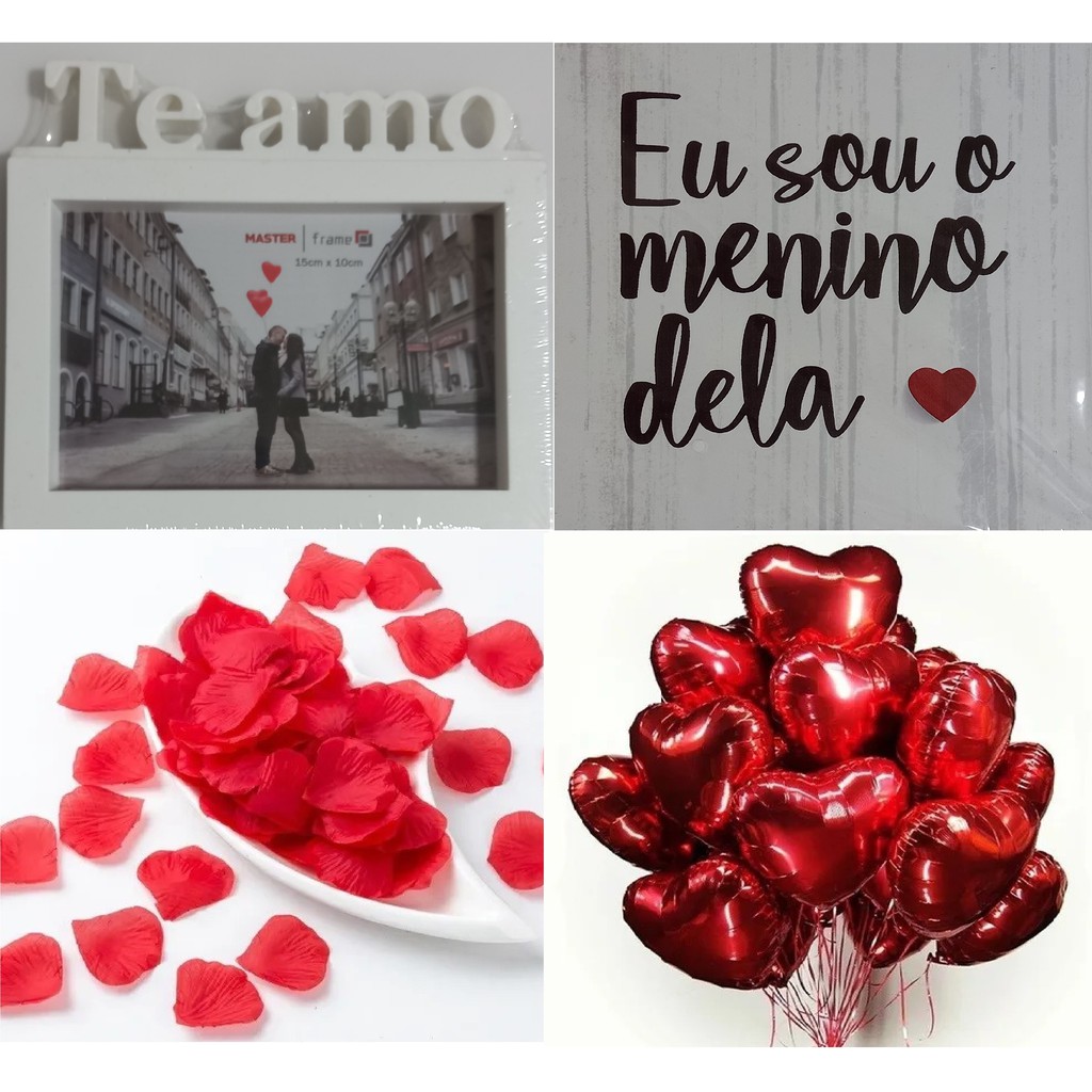 Kit Romântico + Porta Retrato + 300 Pétalas Rosa + 06 Balão Coração + 08 Vela +Mini Bomba